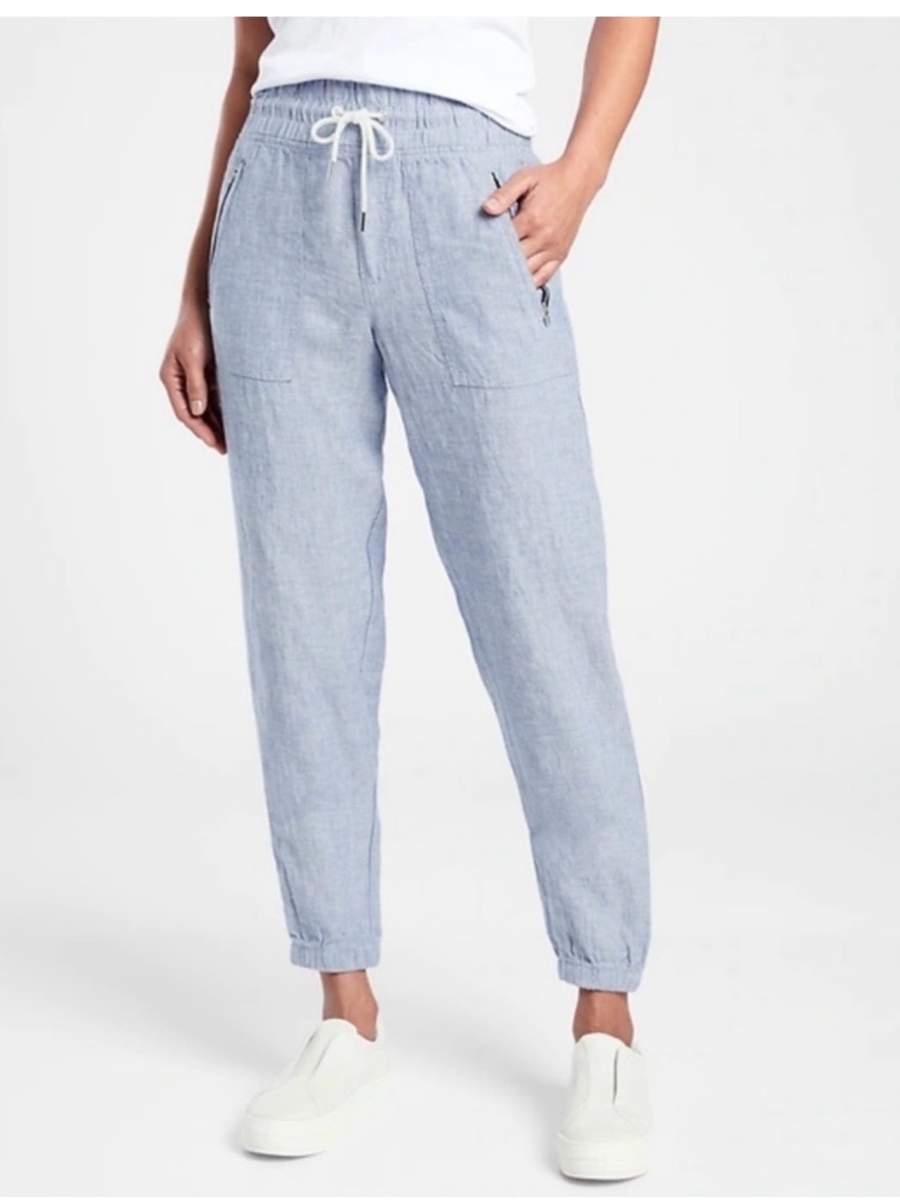 Athleta Cabo Light Blue Linen Drawstring Joggers Size 8